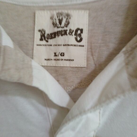 Roebuck & Co Polo Shirt Mens Large TAN White Striped Short Sleeve NWT - Picture 9 of 16